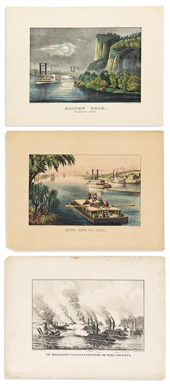 CURRIER & IVES. Group of 7 small folio hand-colored lithographed scenes on the Mississippi River.